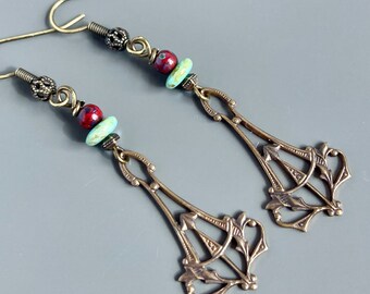 Filigree Drop Earrings - Red and Turquoise Earrings, Boho Earrings, Lightweight Earrings, Gift for Woman, Birthday, Boho Earrings, Co-worker