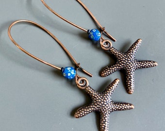 Starfish Earrings - Beach Jewelry, Copper and Blue, Beach Wedding, Beach Earrings, Gift for Beach Lover, Gift for Woman, Birthday Gift