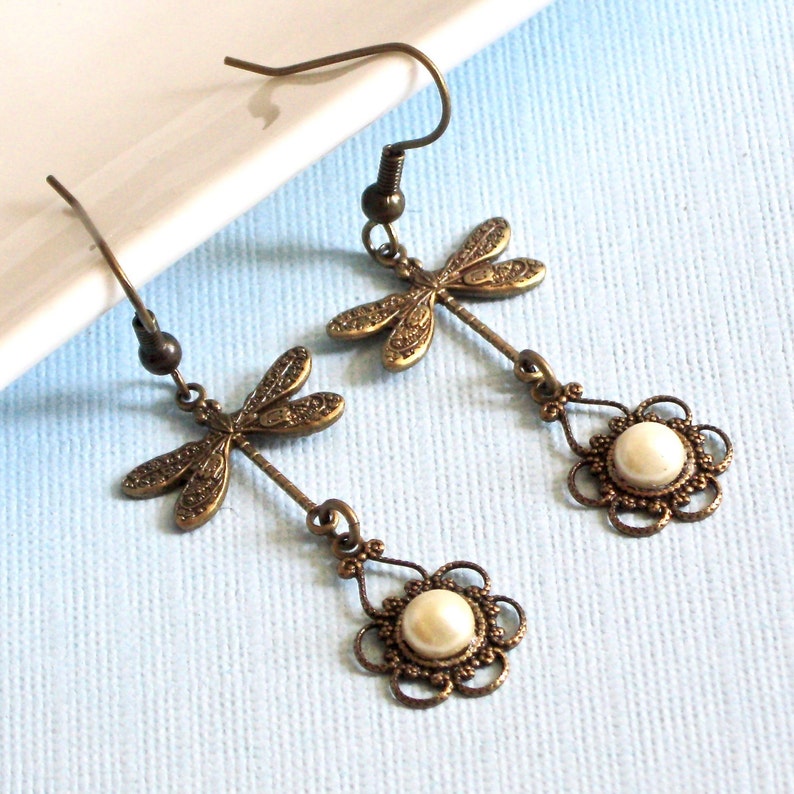 Brass Dragonfly Earrings Pearl Earrings, Filigree Earrings, Dragonfly Jewelry, Gift for Woman, Birthday Gift, Anniversary, Graduation image 2