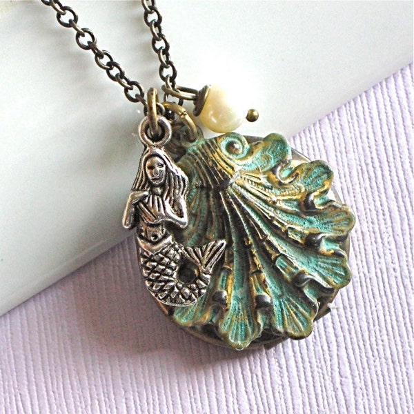 Mermaid Shell Locket Necklace - Jewelry, Verdigris Brass