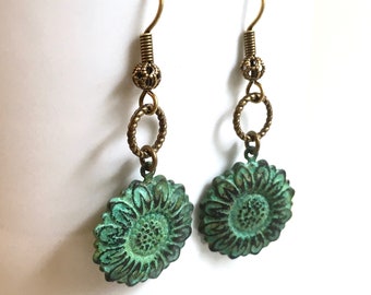 Sunflower Earrings - Verdigris Earrings, Patina Jewelry, Flower Jewelry, Flower Earrings, Botanical Jewelry, Flower Earrings, Gift for Woman