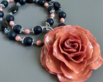 Large Real Rose Necklace - Pink, Statement Necklace, Flower Necklace, Real Flower Jewelry, Botanical Jewelry, Black Onyx, Gift for Woman