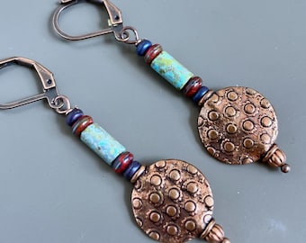 Copper Boho Earrings - Czech Turquoise, Red, Blue, Earrings, Disk Earrings, Fall Earrings, Gift for Woman, Birthday Gift, Casual Earrings