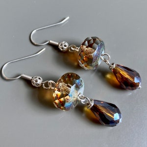 Amber Glass Earrings - Czech, Iridescent, Root Beer Rondelle, Gift for Woman, Brown and Aqua, Teardrop Earrings, Gift for Woman, Dressy