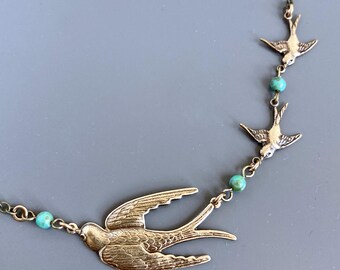 Collana in ottone con uccello - Gioielli naturali, Gioielli con uccelli, Madre e bambino, Regalo per donna, Regalo con uccello, Regalo di compleanno, Regalo per la festa della mamma, Turchese
