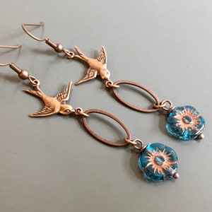 Copper Bird Earrings - Bird Earrings, Long Earrings, Blue Earrings, Botanical Jewelry, Nature Jewelry, Garden Gift, Gift for Woman