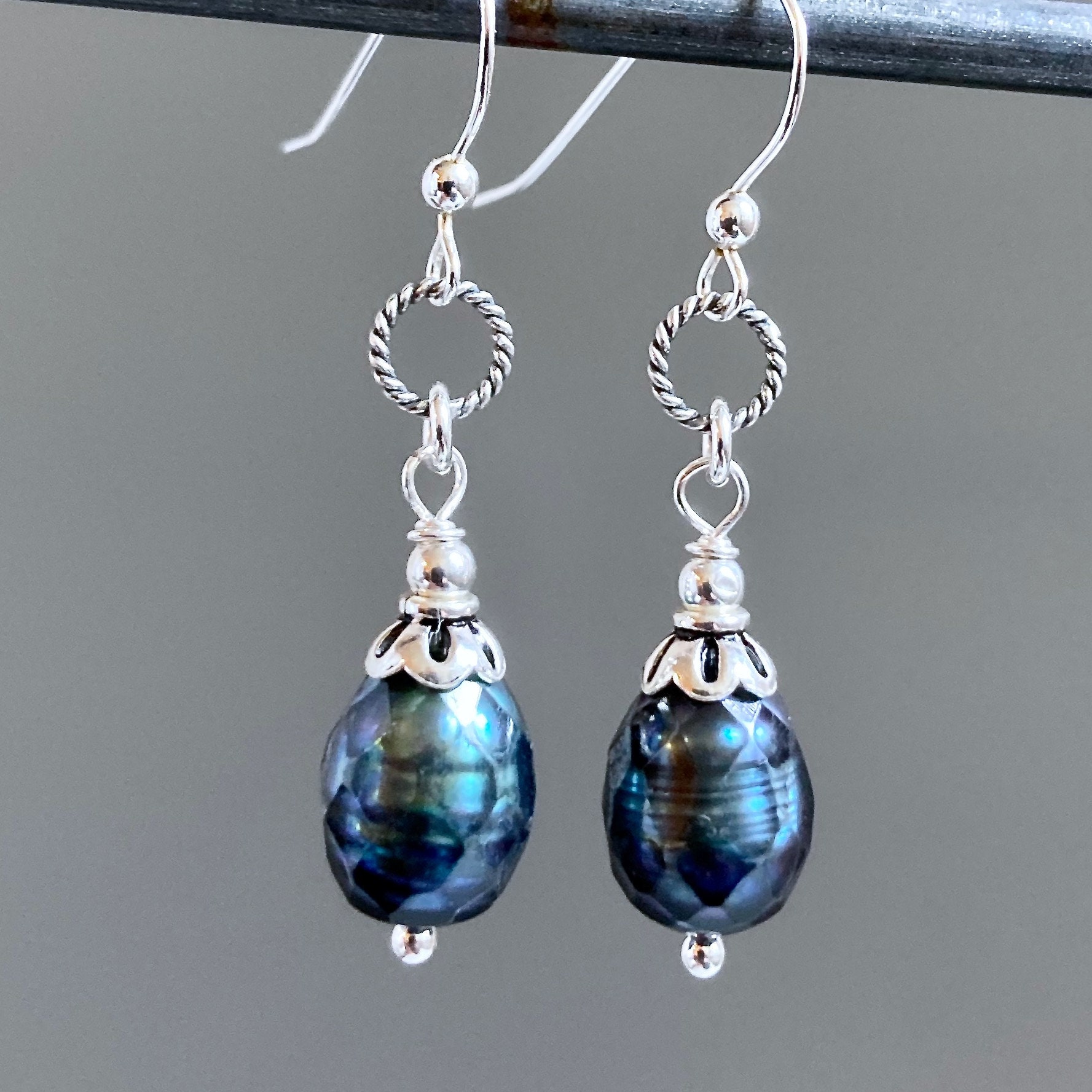 Faceted Peacock Pearl Earrings - Sterling Silver, Blue Pearl Earrings, Pearl Jewelry, Gift for Woman, Birthday, Special Occasion, Statement
