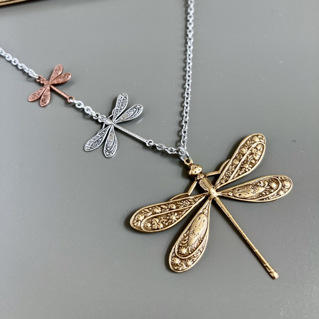 Mixed Metal Dragonfly Necklace Silver Copper Brass, Nature Jewelry ...