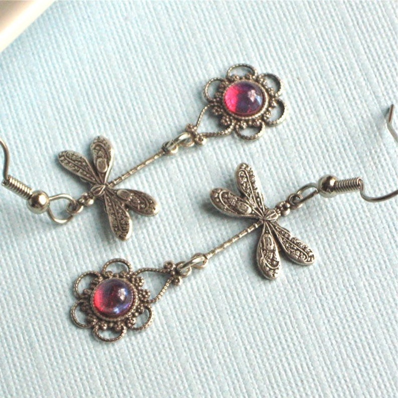 Silver Dragonfly Earrings Dragons Breath Glass Opals, Filigree Earrings, Dragonfly Jewelry, Gift for Woman, Graduation, Birthday image 5