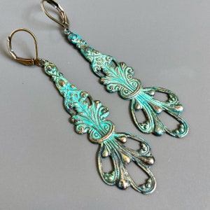 Art Nouveau Drop Earrings - Verdigris Patina,Long Earrings, Lightweight Earrings, Gift for Woman, Birthday Gift, Anniversary Gift