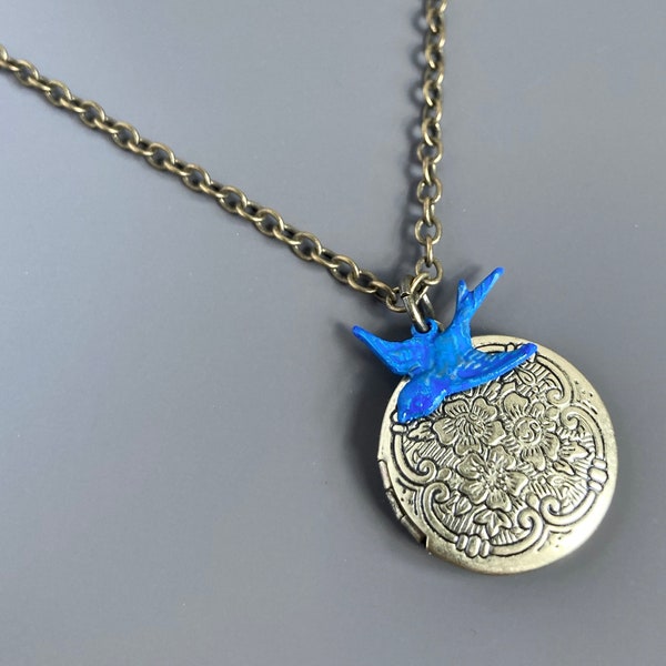 Blue Bird Locket Necklace - Small Locket, Brass Locket, Keepsake Necklace, Bird Jewelry, Gift for Woman, Birthday, Graduation, Anniversary