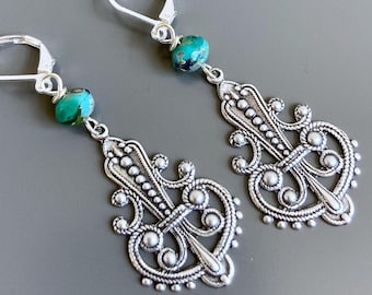 Silver and Turquoise Earrings - Ornate Earrings, Filigree Earrings, Dressy Earrings, Aqua,  Gift for Woman, Birthday Gift, Wife Gift