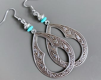 Large Moroccan Earrings - Silver Hoop Earrings,  Boho, Turquoise Earrings, Large Earrings, Lightweight Earrings, Big Earrings, Earrings Gift