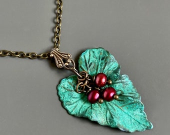 Leaf Necklace - Verdigris Patina, Red Pearl, Leaf Jewelry, Botanical Jewelry, Gift for Woman, Nature Gift, Graduation Gift, Nature Gift