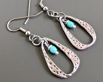 Boho Hoop Earrings - Silver Earrings, Lightweight Earrings, Boho Jewelry, Turquoise and Silver Earrings, Hoop Earrings, Gift for Woman