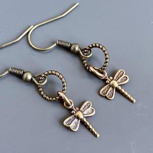 May include: A pair of dragonfly earrings. The earrings are made of bronze-colored metal. Each earring features a dragonfly charm suspended from a textured ring and a hook. The dragonfly charms have detailed wings and bodies.