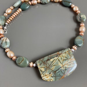 Red Creek Jasper Necklace - Pearl Necklace, Statement Necklace, Gift for Woman, Birthday, Beaded Jewelry, Green and Beige, Unusual