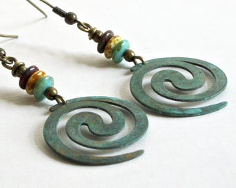 Boho Spiral Earrings - Patina Earrings, Turquoise Earrings, Lightweight Earrings, Verdigris Earrings, Patina Jewelry