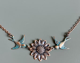 Sunflower Bird Necklace - Garden Jewelry,  Flower Jewelry, Copper Sunflower, Botanical Jewelry, Gift for Woman, Birthday, Bridesmaid Gift