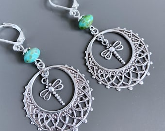 Dragonfly Hoop Earrings - Filigree Earrings, Chandelier, Czech Turquoise Earrings, Turquoise and Silver Earrings, Gift for Woman, Birthday