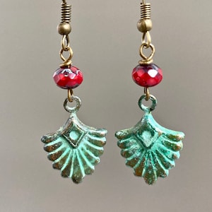 Art Deco Earrings - Patina Earrings, Verdigris Jewelry, Czech Earrings, Red and Turquoise Earrings, Lightweight Earrings, Gift for Woman
