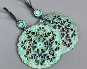 Patina Filigree Earrings - Large Earrings, Verdigris Earrings, Medallion, Lightweight Earrings, Disk Earrings, Gift for Woman, Birthday Gift