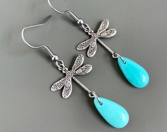 Silver Dragonfly Earrings - Turquoise Teardrop, Small Dragonfly, Dragonfly Jewelry, Nature Jewelry, Garden Jewelry, Gift for Woman, Gift