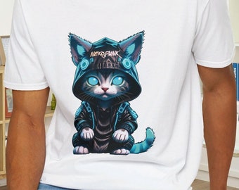 以下が含まれることがあります： 「NitroPunk」の文字が入ったフード付きジャケットを着た、漫画の猫が描かれた白いTシャツ。猫は青い目とアクセントを持っています。その人は青いジーンズを履いています。