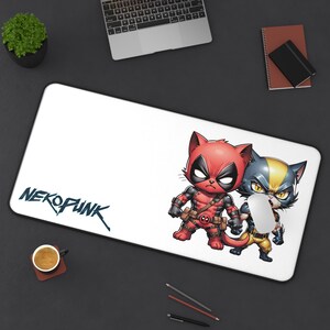 May include: White mousepad with a black and blue graphic of a cat-like Deadpool and a cat-like Wolverine. The text "NEKO FUNK" is in the top left corner.