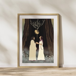 Dando la bienvenida a una nueva vida: póster de bellas artes, impresión digital, ritual, espiritualidad, naturaleza, bosque, árbol antiguo, bebé recién nacido, maternidad, energía femenina, magia