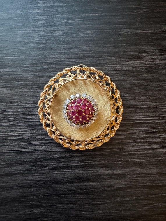 Solid 14K Gold Natural Ruby & Diamond Brooch 15g … - image 1