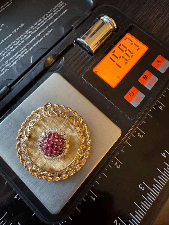 Solid 14K Gold Natural Ruby & Diamond Brooch 15g … - image 4