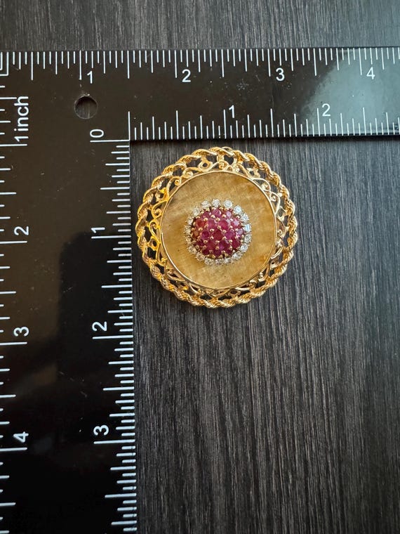 Solid 14K Gold Natural Ruby & Diamond Brooch 15g … - image 3