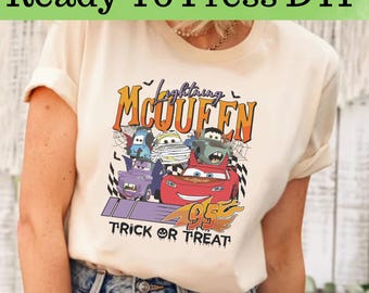 Blixten McQueen och vännerna Halloween DTF, Disney Cars DTF-överföring, Disney Cars DTF, Blixten McQueen Halloween-tröja, Disney Cars-tröja