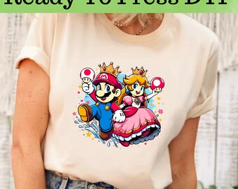Super Mario och Prinsessan Peach akvarell DTF, Super Mario DTF, Super Mario karaktär DTF överföring, Disney-tröja, Super Mario akvarell-tröja