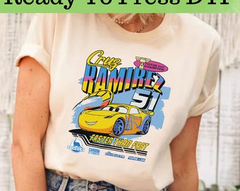Cruz Ramirez DTF, Disney Cars DTF Transfer, McQueen och vänner DTF, Blixten McQueen akvarell tröja, Disney Cars tröja