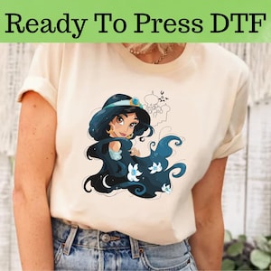 May include: A white t-shirt with a cartoon image of Princess Jasmine from Aladdin. Jasmine is wearing a blue and black outfit and has long black hair. The image is printed on the front of the shirt. The shirt is ready to press with a DTF transfer.