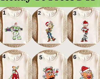 Transferencia de DTF de Navidad de Toy Story de Disney, transferencia de DTF de Navidad de personajes de Toy Story de Disney, transferencia de DTF de Navidad de Toy Story, camiseta navideña de Toys Crossing