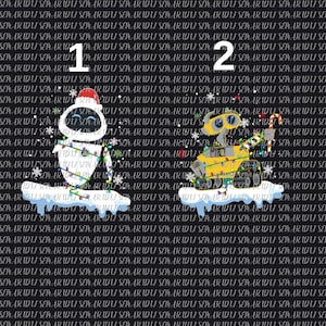 Può includere: Grafica festosa con due robot animati, uno bianco e uno giallo, decorati con luci natalizie e neve. I numeri 1 e 2 sono sopra i robot su uno sfondo nero con un motivo ripetuto.