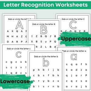 Hojas de trabajo de reconocimiento de letras, reconocimiento del alfabeto, hojas de trabajo del alfabeto, material imprimible para educación en el hogar, reconocimiento de letras mayúsculas