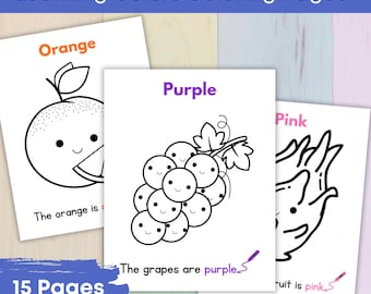 May include: A set of 15 colouring pages featuring fruits and the words "Orange", "Purple", and "Pink". The pages are designed to help children learn colours.