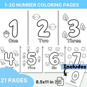Numbers Coloring Pages, 1 to 20 Printable Coloring Pages, Learning Numbers, Preschool Coloring Pages, Kindergarten Coloring Pages, 21  Pages