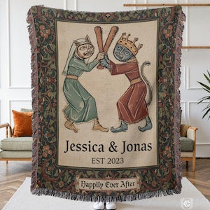Personalized Medieval Cats Throw, Weird Cat Bedspread, Botanical Medieval, Custom Names, Halloween Anniversary, Folk Art, Hygge Gift for Him
