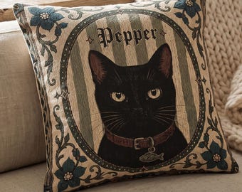 Custom Black Cat Pillow, Pet Portrait from Photo, Personalized Cat Cushion, Woven Tapestry, Medieval Decor, Pet Memorial Gift, Cat Dad Gifts