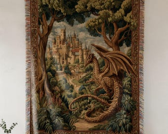 Medieval Castle Tapestry Wall Hanging -  Fantasy Dragon Blanket Gothic Fortress Fantasy Wall Decor, Dragon & Medieval Lover Gift