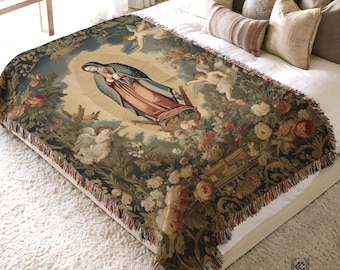 Our Lady of Guadalupe Woven Blanket, Virgen de Guadalupe Throw, Catholic Christmas Gift for Mom or Abuela, Mexican Religious Decor