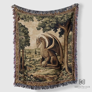 Medieval dragon woven tapestry blanket with fantasy landscape forest view, gothic cottagecore home decor, folklore-inspired wall art, enchanted creature throw for romantasy readers and castle lovers.