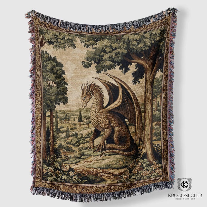 Medieval dragon woven tapestry blanket with fantasy landscape forest view, gothic cottagecore home decor, folklore-inspired wall art, enchanted creature throw for romantasy readers and castle lovers.