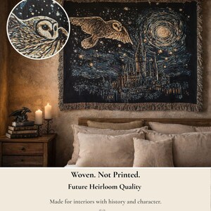 Book Lover Fantasy Blanket – Wizard Magic Inspired Throw, Dark Academia Castle Owl Tapestry, Gothic Literary Decor afbeelding 2
