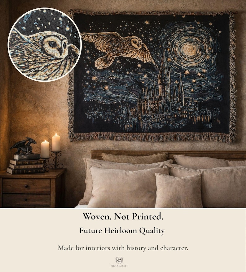 Book Lover Fantasy Blanket – Wizard Magic Inspired Throw, Dark Academia Castle Owl Tapestry, Gothic Literary Decor afbeelding 2
